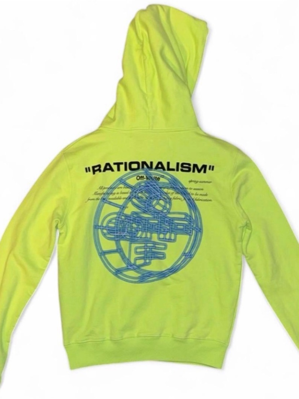 Off-White Neon Yellow Crewneck Hoodie with Blue Back Graphic